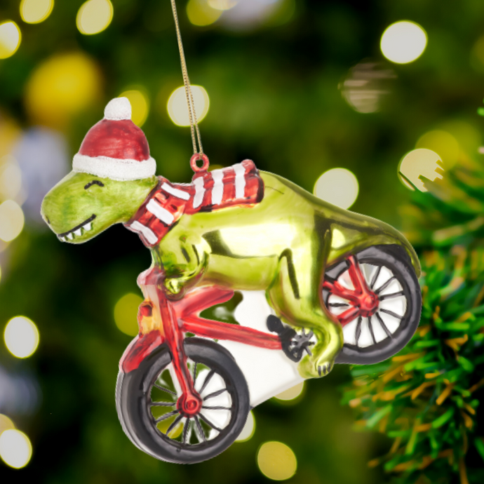 Dinosaur on a Bicycle Shaped Christmas Tree Decoration - ad&i
