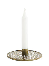 Load image into Gallery viewer, Glass and Carved Brass Candlestick Holder-ad&amp;i